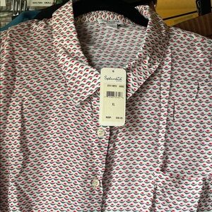 Splendid XL NWT 100% Rayon White Button-Down Shirt with Red & Navy Micro Print